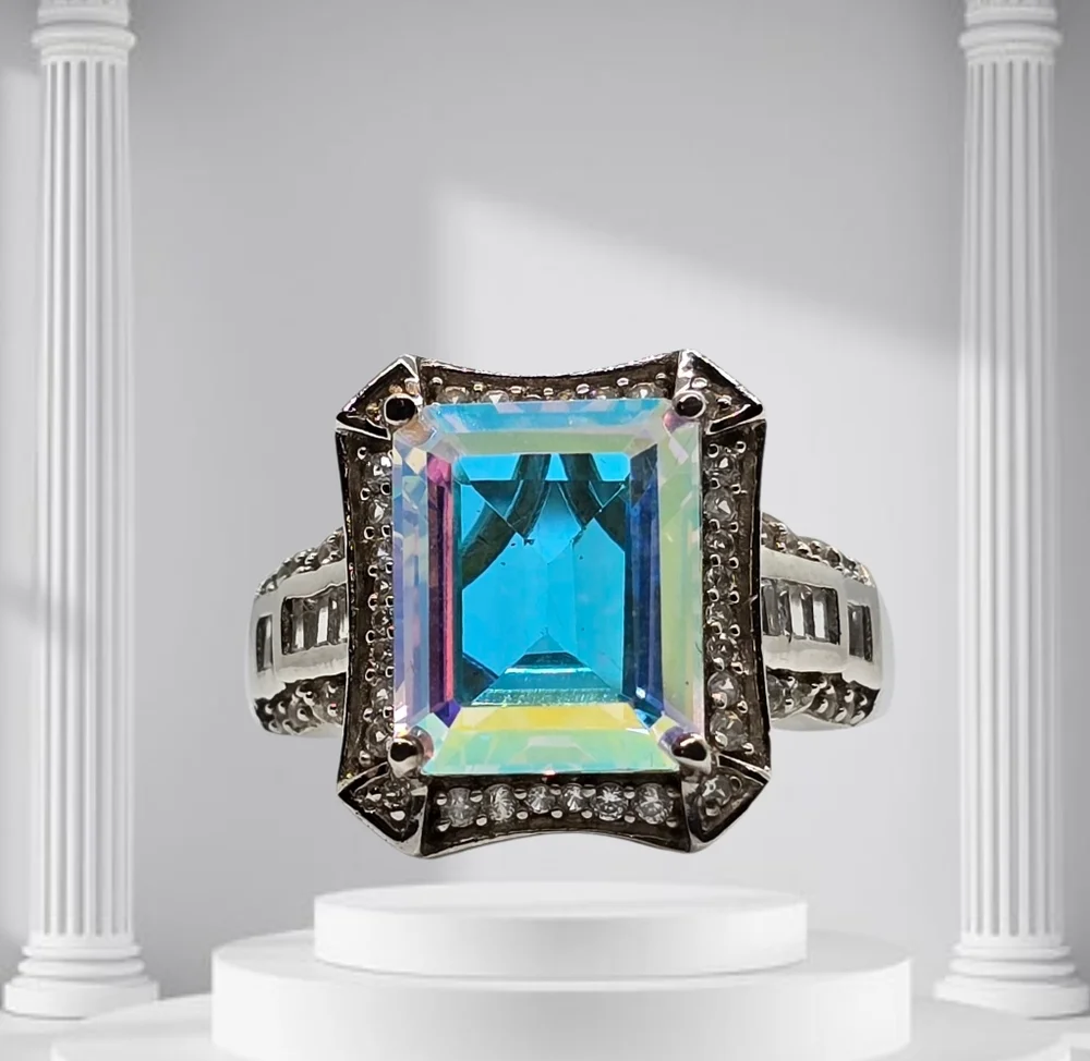 Mercury Mystic Topaz, White Zircon Ring In Platinum Over Sterling. Size 5 NWOT